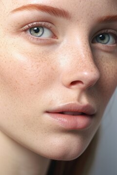 A close-up shot of a woman with freckles on her face. This image can be used to depict natural beauty and diversity