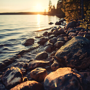 Sunrise over a rocky shoreline by a fresh water lake