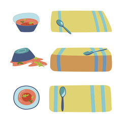 A bowl of soup. Red soup, basil. Table setting. Spoon and napkin. Vector illustration of a dish. Isolated objects on white background.