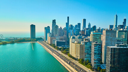 Chicago, IL aerial city skyscraper buildings with clear blue summer sky, tourism, beautiful lake - obrazy, fototapety, plakaty