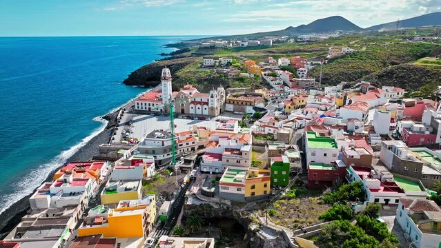 Aerial view of Roman Catholic Spanish Church and colourful houses, and hotels in the Canary Islands, Spain. View from above of Basilica of Our Lady of Candelaria by the seashore in Tenerife. 