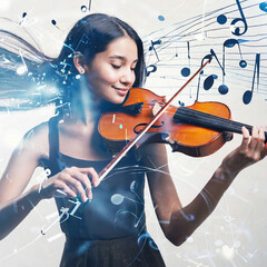 Young woman playing violin as musical notes swirl around her