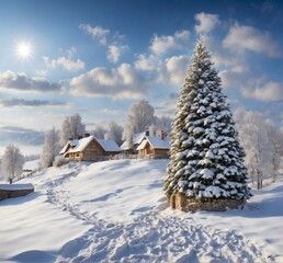 Beautiful winter landscape with snow-covered fir trees and wooden houses.