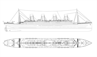 British transatlantic steamer. The largest passenger ship in world history in 1912-1913. On her maiden voyage, she sank in the North Atlantic after colliding with an iceberg. Blueprint. Coloring page.