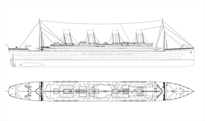 British transatlantic steamer. The largest passenger ship in world history in 1912-1913. On her maiden voyage, she sank in the North Atlantic after colliding with an iceberg. Blueprint. Coloring page.