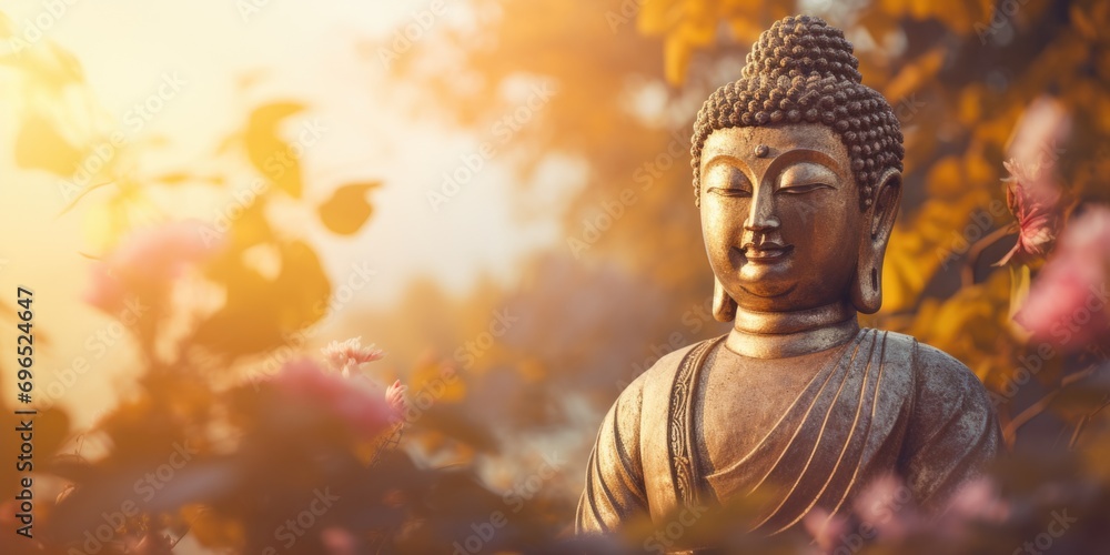 Poster A beautiful statue of a person adorned with an array of colorful flowers. Perfect for adding a touch of elegance and nature to any project