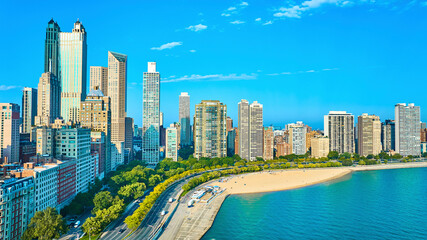 Chicago aerial tourism beach coastline with Lake Michigan water on bright summer day