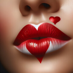 A makeup concept of a Valentine's Heart Kiss on the Lips. The image features beauty, sexy lips with heart shape paint, symbolizing love 