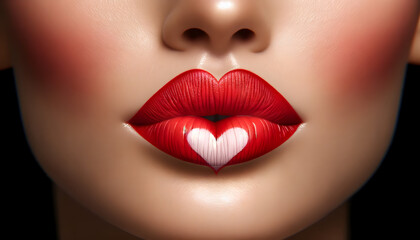 A makeup concept of a Valentine's Heart Kiss on the Lips. The image features beauty, and sexy lips with heart shape paint, symbolizing love  - obrazy, fototapety, plakaty