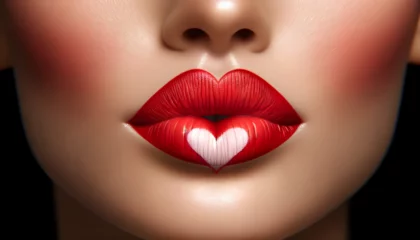 Fotobehang A makeup concept of a Valentine's Heart Kiss on the Lips. The image features beauty, and sexy lips with heart shape paint, symbolizing love  © Lukasz