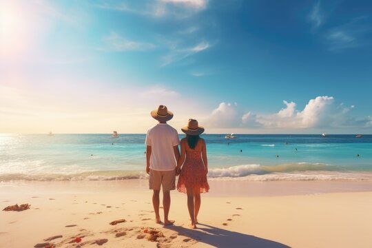 A picture of a man and a woman standing on the beach. This image can be used for various purposes