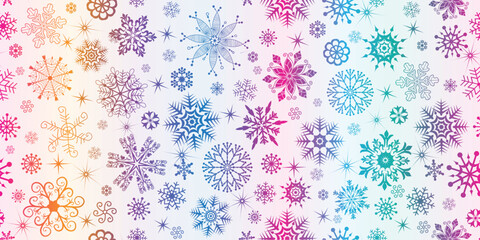 Vector hand drawn Christmas rainbow gradient seamless pattern with snowflakes on a white background