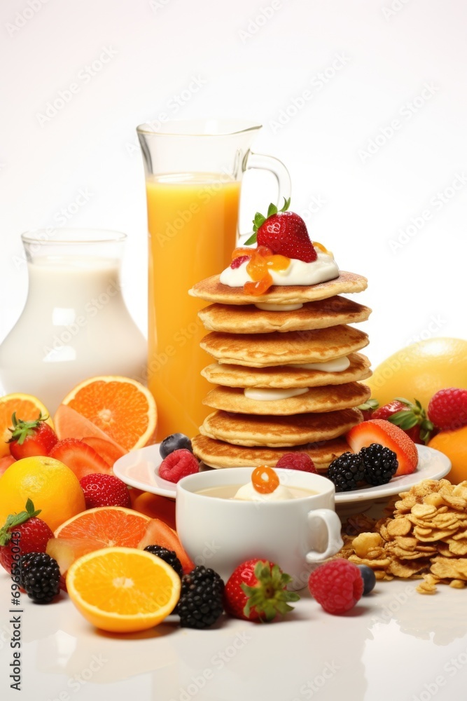 Poster a delicious stack of pancakes served with fresh fruit and a refreshing pitcher of orange juice. perf
