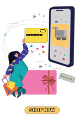 Person shopping online, ordering products and gifts from shops and stores from internet. Vector flat character with phone and shopping bag ordering and purchasing items from web, online.