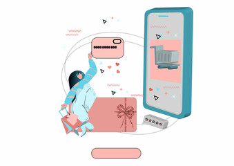 Person shopping online, ordering products and gifts from shops and stores from internet. Vector flat character with phone and shopping bag ordering and purchasing items from web, online.