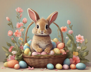 Fototapeta na wymiar Postcard for Easter holidays. Cute rabbit in a basket with eggs and flowers