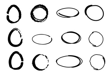 Handdrawn charcoal pen round oval doodle grunge circle. Black shapes of wine circle and coffee ring. Rounds Bubbles Set. Smeared, smudged circle paintbrush ink blot, stain.