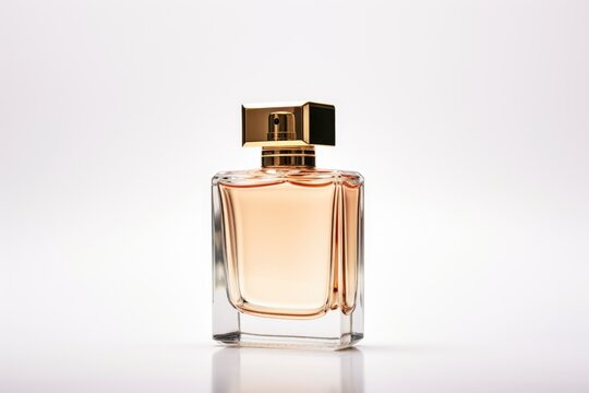 A bottle of perfume placed on a clean white surface. Ideal for beauty and fashion-related projects