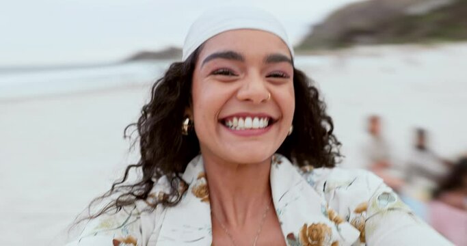 Pov, beach and woman with vacation, smile and spin with weekend break, journey and excited. Face, person or girl with happiness, outdoor or adventure with joy, seaside or energy with travel or summer