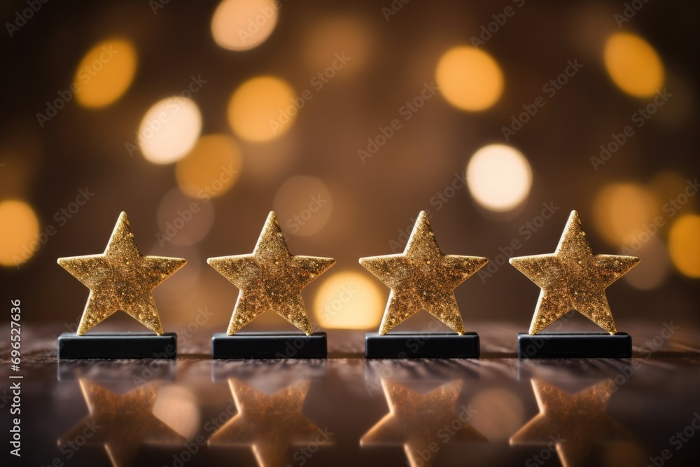 Poster three gold stars placed on a table. can be used as a decorative element or to signify achievement or