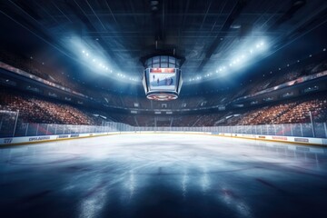 A hockey stadium with a goalie's net in the middle of the ice. Perfect for sports-related designs and concepts - obrazy, fototapety, plakaty