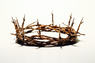 A crown of thorns placed on a white surface. Can be used to symbolize sacrifice or religious themes