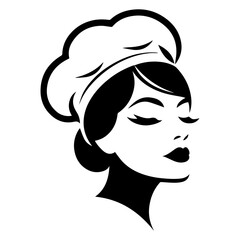 minimal beautiful female chef face vector silhouette, silhouette, black color, white background