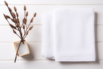 Minimalistic Flat Lay with White Towel and Tree Branch