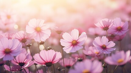 A bokeh texture with soft blur is used to create abstractsweet color cosmos flowers in a retro style background with pastel vintage and retro styles.