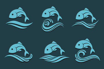collection of abstract fish icon with waves
