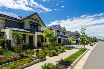 Eco-Friendly Suburban Street with Modern Solar-Powered Houses