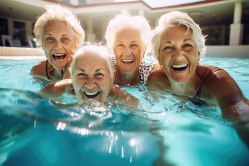 Fototapeta premium Group portrait of happy senior women swimming in pool