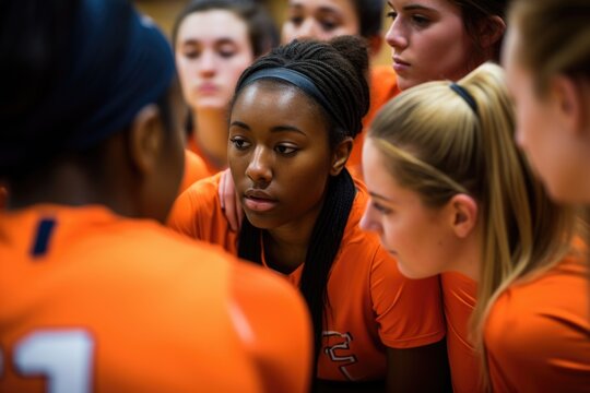 Female sports team in a huddle