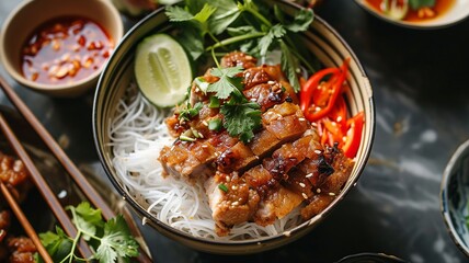 Bun Cha: Grilled Pork Over Rice Vermicelli in Vietnamese Style - obrazy, fototapety, plakaty