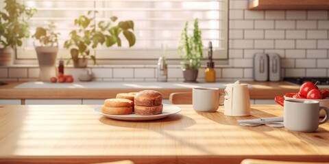 A plate of doughnuts sitting on a table in a kitchen. Perfect for food and cooking themes - Powered by Adobe