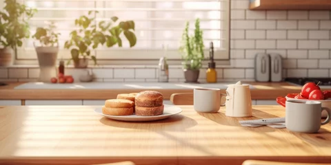 Tuinposter A plate of doughnuts sitting on a table in a kitchen. Perfect for food and cooking themes © Fotograf