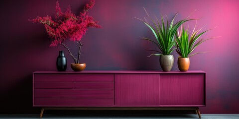Viva Magenta wall cabinet with a wood panel background. The magenta color adds a vibrant and modern touch to the cabinet  - obrazy, fototapety, plakaty