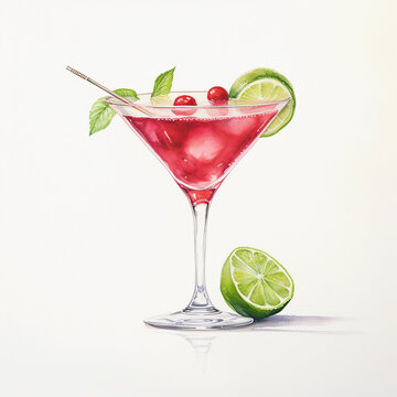 watercolor cocktail drink with lime and cherries clip art preview