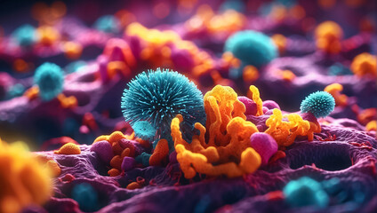 Multi-colored microorganisms under a microscope fungal disease - obrazy, fototapety, plakaty