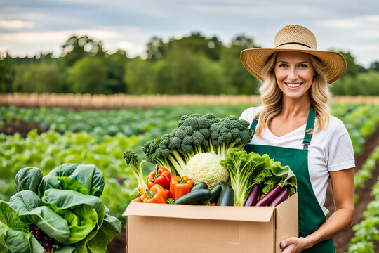 Woman farmer, agriculture and vegetables in box, farming and fresh produce, organic and harvest. Young, happy in portrait, farm and countryside, nature and environment, green and sustainability.