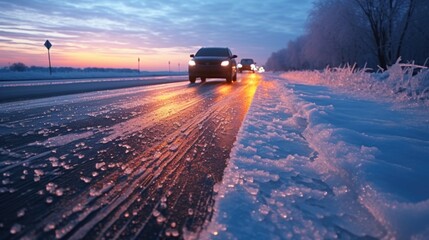 A car driving down a snow covered road. Suitable for winter driving safety tips - obrazy, fototapety, plakaty