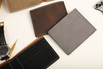 Colorful man wallet. Concept shot, top view, different colors man wallet. Special background man...