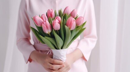 girl holding a bouquet of pink tulips in her hands, without a face, gift, surprise, flowers for a woman, mother, day, attention
