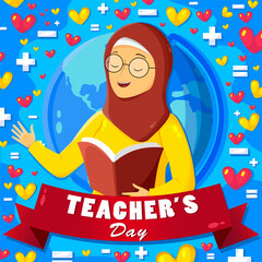 Happy Teacher's day poster background concept. Pretty Woman Teacher explaining gesture. vector flat illustration creative graphic design