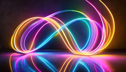3d render abstract neon background of dynamic lines glowing in the dark room with floor reflection fluorescent ribbon
