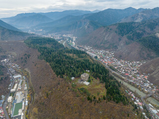 Fototapeta premium Aerial view of abandoned Composers House in Borjomi, Georgia 2023