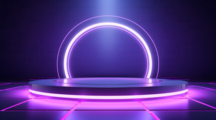 Beautiful futuristic technological light purple and blue podium with light neon panels for product presentation