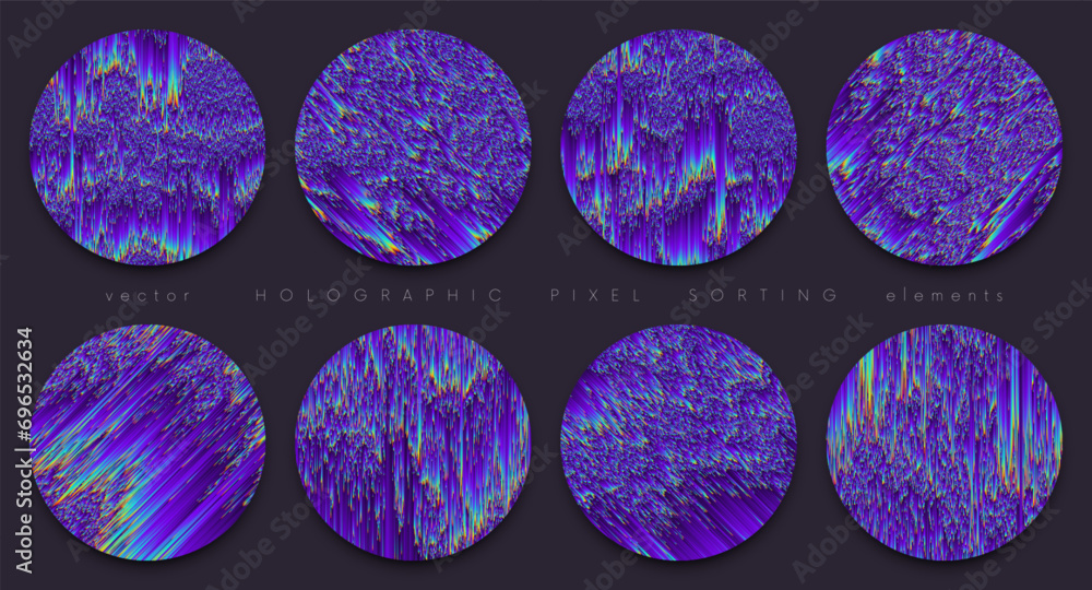 Aufkleber set of circle banners in pixel sorting style with holographic iridescent lines. round geometric tren