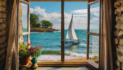 view from the window of the seashore with a sailboat on the waves