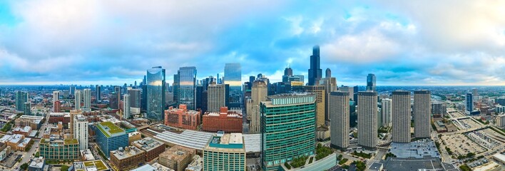 Aerial Chicago Skyline Panorama with Overcast Light